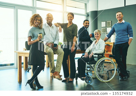 Inclusion, diversity and portrait of business people in office for teamwork, support and happy. Smile, collaboration and inclusive with group of employees for mission, commitment and mindset 135174932