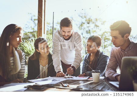 Business people, group and cafe with planning, documents or brainstorming for goal with smile. Men, women and discussion with paperwork, problem solving or strategy for startup team in coffee shop 135174965