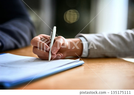 Business people, hands and documents or signature for deal, partnership or legal paperwork, consultant and client. Paper, advice and lawyer person, notary or partner writing sign, check or agreement 135175111