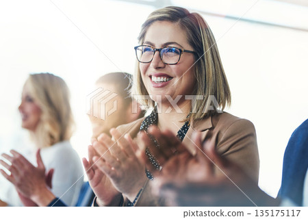 Applause, meeting and conference with business woman for support, teamwork and event celebration. Wow, winner and target with audience clapping in workshop seminar for goal, motivation or agreement Applause, meeting and conference with business woman for support, teamwork and event celebration. Wow, winner and target with audience clapping in workshop seminar for goal, motivation or agreement 135175117