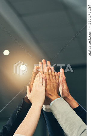 High five, teamwork and hands of business people in office for celebration, team building and motivation. Goals, collaboration and workers with hand together for agreement, support and success High five, teamwork and hands of business people in office for celebration, team building and motivation. Goals, collaboration and workers with hand together for agreement, support and success 135175154