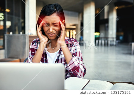 Woman, student and laptop with headache in stress, anxiety or burnout from overworked or studying at campus. Stressed female person or university learner suffering bad head pain, strain or ache Woman, student and laptop with headache in stress, anxiety or burnout from overworked or studying at campus. Stressed female person or university learner suffering bad head pain, strain or ache 135175191