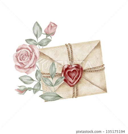 A sealed beige envelope with blush roses appears in this watercolor clipart, perfect for Valentine stationery, wedding card layouts, printable kits, journal pages, branding sets, product packaging 135175194