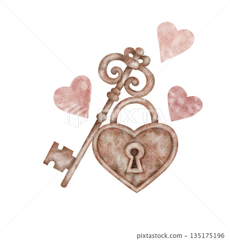 A brown vintage key with a heart lock and soft pink hearts is presented in this watercolor clipart, suitable for designing Valentine cards, printable journals, decorative tags, packaging artwork 135175196
