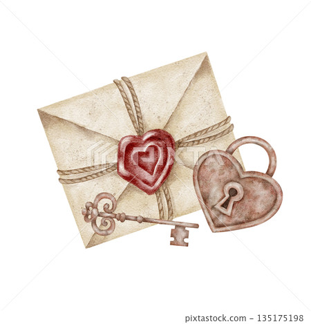 A beige envelope with a red wax seal, vintage key, and heart lock appear in this watercolor clipart, perfect for romantic stationery, printable sets, card designs, packaging accents 135175198