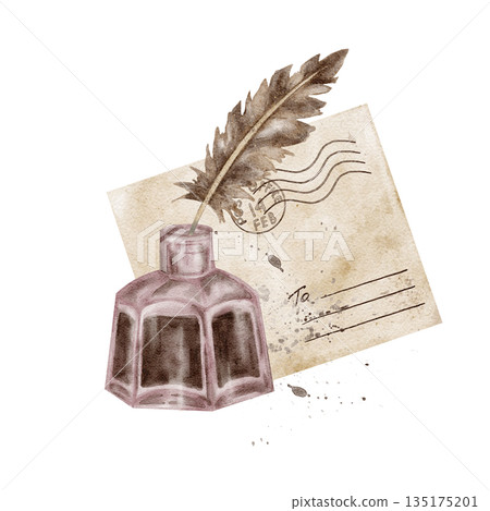 A mauve ink bottle, beige postcard, and brown feather appear in this detailed watercolor clipart, great for crafting Valentine invitations, paper goods, printable sets, packaging elements A mauve ink bottle, beige postcard, and brown feather appear in this detailed watercolor clipart, great for crafting Valentine invitations, paper goods, printable sets, packaging elements 135175201