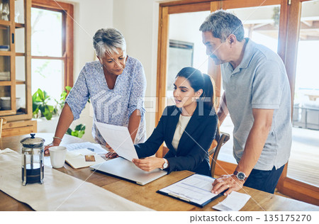 Financial advisor, paperwork and senior couple with bills, documents and life insurance for planning. Retirement, pension and elderly man and woman with consultant for mortgage, payment or investment Financial advisor, paperwork and senior couple with bills, documents and life insurance for planning. Retirement, pension and elderly man and woman with consultant for mortgage, payment or investment 135175270