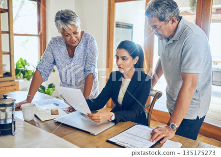 Finance consultant, budget and senior couple with bills, paperwork and life insurance documents. Retirement, laptop and elderly man and woman with financial advisor for pension, payment or investment Finance consultant, budget and senior couple with bills, paperwork and life insurance documents. Retirement, laptop and elderly man and woman with financial advisor for pension, payment or investment 135175273