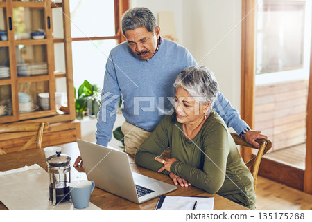 Finance, budget and senior couple on laptop with bills, paperwork and documents for life insurance. Retirement, pension and elderly man and woman on computer for mortgage payment, investment and tax Finance, budget and senior couple on laptop with bills, paperwork and documents for life insurance. Retirement, pension and elderly man and woman on computer for mortgage payment, investment and tax 135175288