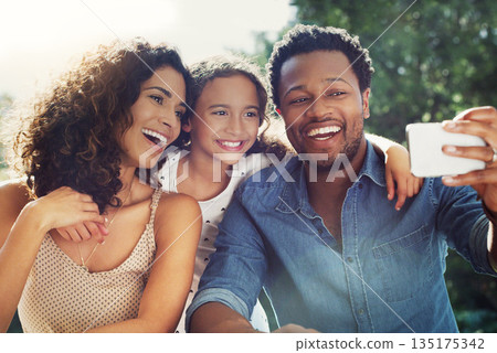 Family, selfie and garden with mom, dad and child together with happiness and smile. Backyard, laugh and profile picture for social media of love, support and parent care with youth and sunshine 135175342