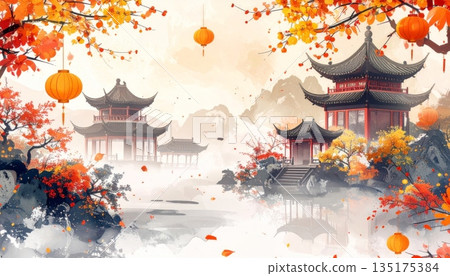 Traditional ancient pagoda architecture stands amidst the high mountains of China. 135175384