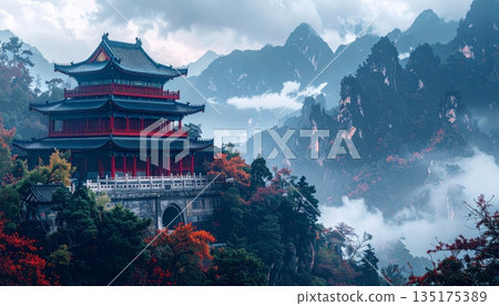 Traditional ancient pagoda architecture stands amidst the high mountains of China. Traditional ancient pagoda architecture stands amidst the high mountains of China. 135175389