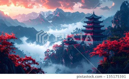 Traditional ancient pagoda architecture stands amidst the high mountains of China. Traditional ancient pagoda architecture stands amidst the high mountains of China. 135175391
