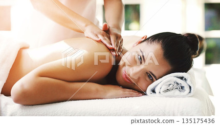 Happy woman, relax and massage at spa for healthy wellness, skincare or stress relief at resort. Calm female person relaxing with smile in peaceful zen or luxury body and back treatment at the salon Happy woman, relax and massage at spa for healthy wellness, skincare or stress relief at resort. Calm female person relaxing with smile in peaceful zen or luxury body and back treatment at the salon 135175436