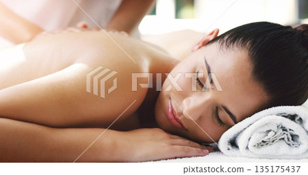 Woman, relax and sleeping in back massage at spa for healthy wellness, skincare or stress relief at a resort. Calm female person relaxing asleep in peaceful zen or luxury body treatment at the salon 135175437