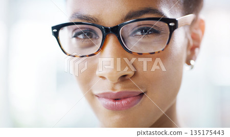 Woman, face with glasses and vision with eye care, prescription lens and frame with optometry and health. Eyesight, designer eyewear and female person with spectacles, ophthalmology and portrait 135175443