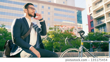 Phone call, business man and bicycle on steps in city to travel with eco friendly transport. Cellphone, bike and male professional on stairs talking, thinking and discussion while sitting on street. 135175454