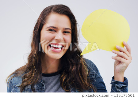 Happy woman, portrait smile and speech bubble in social media, question or FAQ against a white studio background. Female person smiling with shape, symbol or sign for comment, message or mockup space Happy woman, portrait smile and speech bubble in social media, question or FAQ against a white studio background. Female person smiling with shape, symbol or sign for comment, message or mockup space 135175501