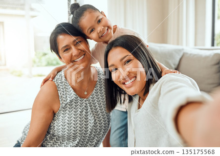 Happy family, portrait smile and selfie for social media, profile picture or online post on living room sofa at home. Grandma, mother and child smiling for photo, memory or bonding together in house Happy family, portrait smile and selfie for social media, profile picture or online post on living room sofa at home. Grandma, mother and child smiling for photo, memory or bonding together in house 135175568