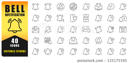 Clean And Modern Bell Notification Line Icon Set Featuring Alerts, Reminders, Messages, System Status, And User Interactions. Ideal For Apps, Dashboards, Web Interfaces, And UI UX Design. Editable Str 135175595