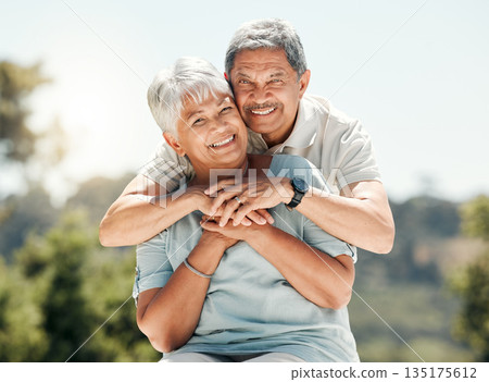 Senior couple, portrait and hug in nature on vacation, holiday or summer bonding. Face, hugging and retirement of man and woman with a smile, love and enjoying romantic time together on mockup space. Senior couple, portrait and hug in nature on vacation, holiday or summer bonding. Face, hugging and retirement of man and woman with a smile, love and enjoying romantic time together on mockup space. 135175612