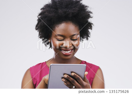Smile, tablet and black woman typing in studio isolated on white background mockup. Happy, technology and African female person with touchscreen for email, web scroll or browsing online social media. Smile, tablet and black woman typing in studio isolated on white background mockup. Happy, technology and African female person with touchscreen for email, web scroll or browsing online social media. 135175626