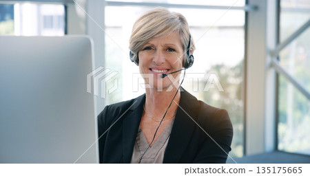 Portrait, call center and mature woman with a smile, telemarketing and customer service. Face, female person and employee with a headphones, consultant and agent with a career, crm and professional 135175665