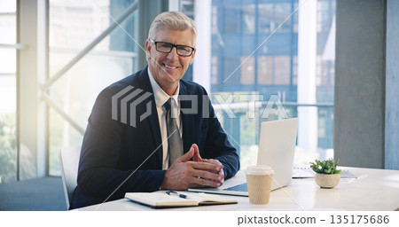 Businessman smile, portrait and in an office with a laptop for communication and connectivity. Corporate, company and a manager or boss of an agency with a pc for networking and internet at work 135175686
