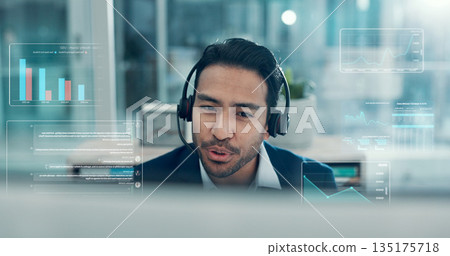 Telemarketing, man and talk in office with tech for insurance sale, growth stats and graphs overlay. Person, contact client and discussion for lead generation, market survey info and data collection. 135175718