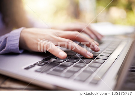 Typing, woman hands and laptop in garden for university research, college application or remote work outdoor. Park, search and person or student on computer of e learning, online education and study Typing, woman hands and laptop in garden for university research, college application or remote work outdoor. Park, search and person or student on computer of e learning, online education and study 135175757