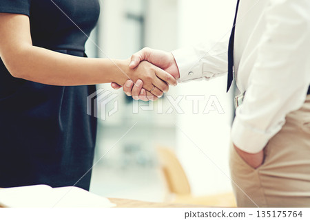 Thank you, welcome and business people handshake for interview, success and deal in office. Teamwork, meeting and shaking hands by b2b person team in support of onboarding, recruitment or negotiation 135175764