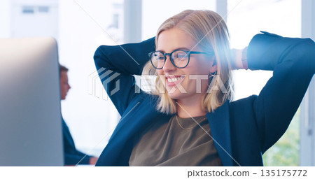 Relax, computer and a business woman done with work for the day in her office with her hands behind her head. Happy, flare and complete with a young female employee working online using a desktop Relax, computer and a business woman done with work for the day in her office with her hands behind her head. Happy, flare and complete with a young female employee working online using a desktop 135175772