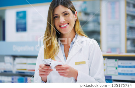 Pharmacy portrait, pharmacist pills and happy woman choice, decision or comparison of drugs store supplements. Hospital dispensary, medicine product and retail person with prescription pharmaceutical Pharmacy portrait, pharmacist pills and happy woman choice, decision or comparison of drugs store supplements. Hospital dispensary, medicine product and retail person with prescription pharmaceutical 135175784