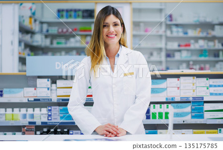 Pharmacy portrait, happy pharmacist and woman in drugs store, pharmaceutical service or healthcare shop. Hospital retail dispensary, medicine product shelf and medical person for clinic support help 135175785