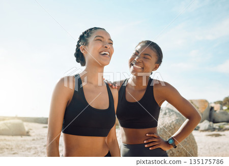 Fitness friends laughing at beach, women workout together with happiness and active lifestyle outdoor. Exercise in nature, healthy and happy with female people have funny conversation while training 135175786