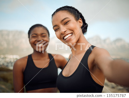 Fitness friends in selfie at beach, women face after workout together with happiness and active life outdoor. Exercise in nature, healthy and happy with female people training and smile in picture 135175787