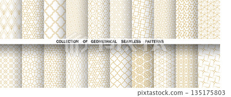 Geometric set of seamless golden and white patterns. Simple vector graphics Geometric set of seamless golden and white patterns. Simple vector graphics 135175803