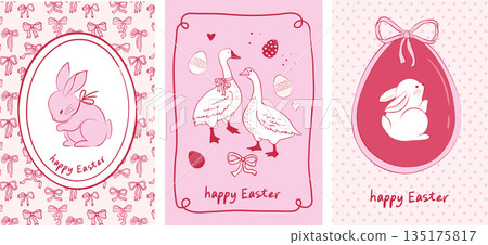 Girly retro Easter vertical banners with rabbits and pink spring flowers. Vintage hand-drawn design. 135175817