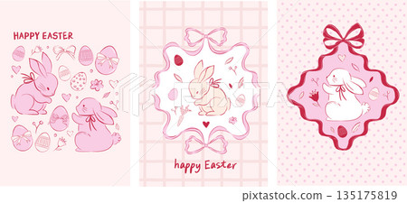 Girly retro Easter vertical banners with rabbits and pink spring flowers. Vintage hand-drawn design. 135175819