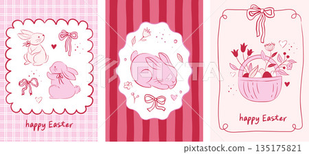 Girly retro Easter vertical banners with rabbits and pink spring flowers. Vintage hand-drawn design. Girly retro Easter vertical banners with rabbits and pink spring flowers. Vintage hand-drawn design. 135175821