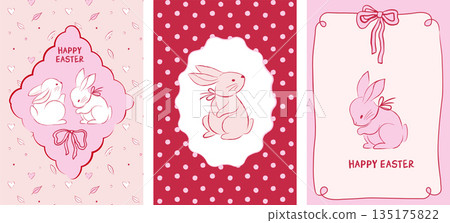 Girly retro Easter vertical banners with rabbits and pink spring flowers. Vintage hand-drawn design. 135175822