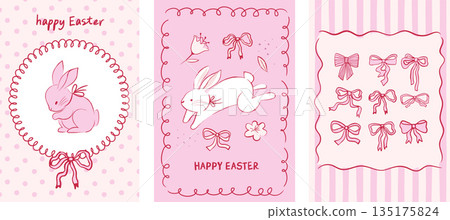 Girly retro Easter vertical banners with rabbits and pink spring flowers. Vintage hand-drawn design. 135175824