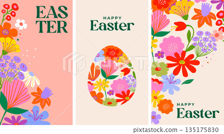Cute Easter vertical banners with rabbits and colorful spring flowers. Playful folk art style with 135175830