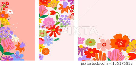 Cute Easter vertical banners with rabbits and colorful spring flowers. Playful folk art style with 135175832
