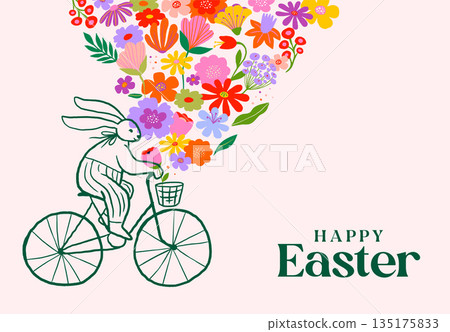 Cute Easter background with hand-drawn rabbits and colorful spring flowers. Cute Easter background with hand-drawn rabbits and colorful spring flowers. 135175833