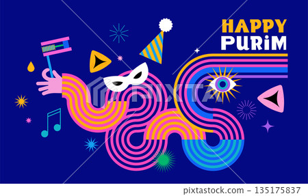 Happy Purim, poster with geometric carnival elements 135175837