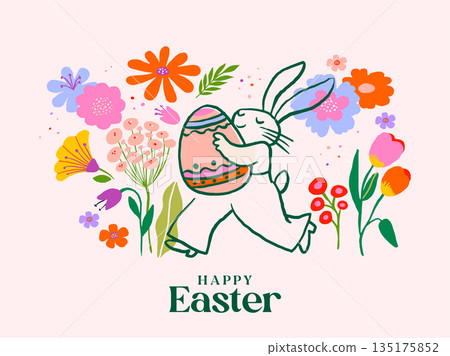 Cute Easter background with hand-drawn rabbits and colorful spring flowers. 135175852