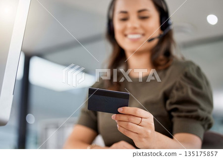 Call center, woman and credit card in office for online shopping, computer and payment for discount. Consultant, e commerce and banking with fintech, budget and financial decision with workplace pc Call center, woman and credit card in office for online shopping, computer and payment for discount. Consultant, e commerce and banking with fintech, budget and financial decision with workplace pc 135175857