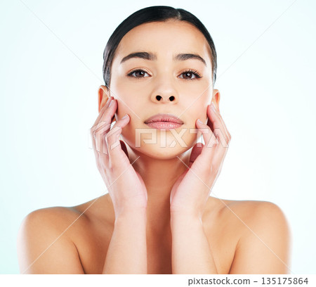 Face, skincare and confident woman in studio isolated on white background. Portrait, natural beauty and female model with makeup, cosmetics or facial treatment for healthy skin, wellness or aesthetic Face, skincare and confident woman in studio isolated on white background. Portrait, natural beauty and female model with makeup, cosmetics or facial treatment for healthy skin, wellness or aesthetic 135175864