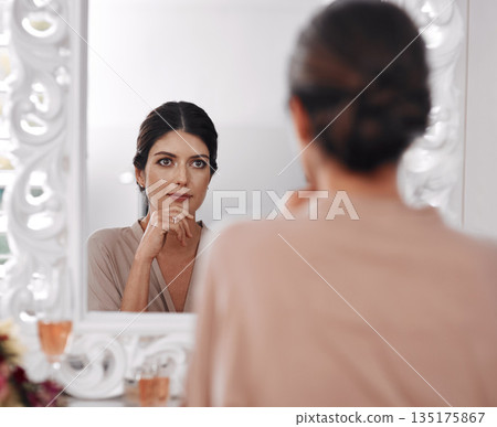 Cosmetics results, mirror and woman check facial makeup, natural skincare treatment or luxury home beauty. Spa salon, healthy skin and reflection of relax person with morning face routine 135175867